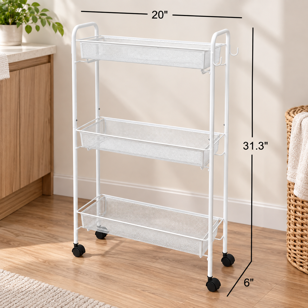 Slim 3-Tier Bathroom Rolling Cart