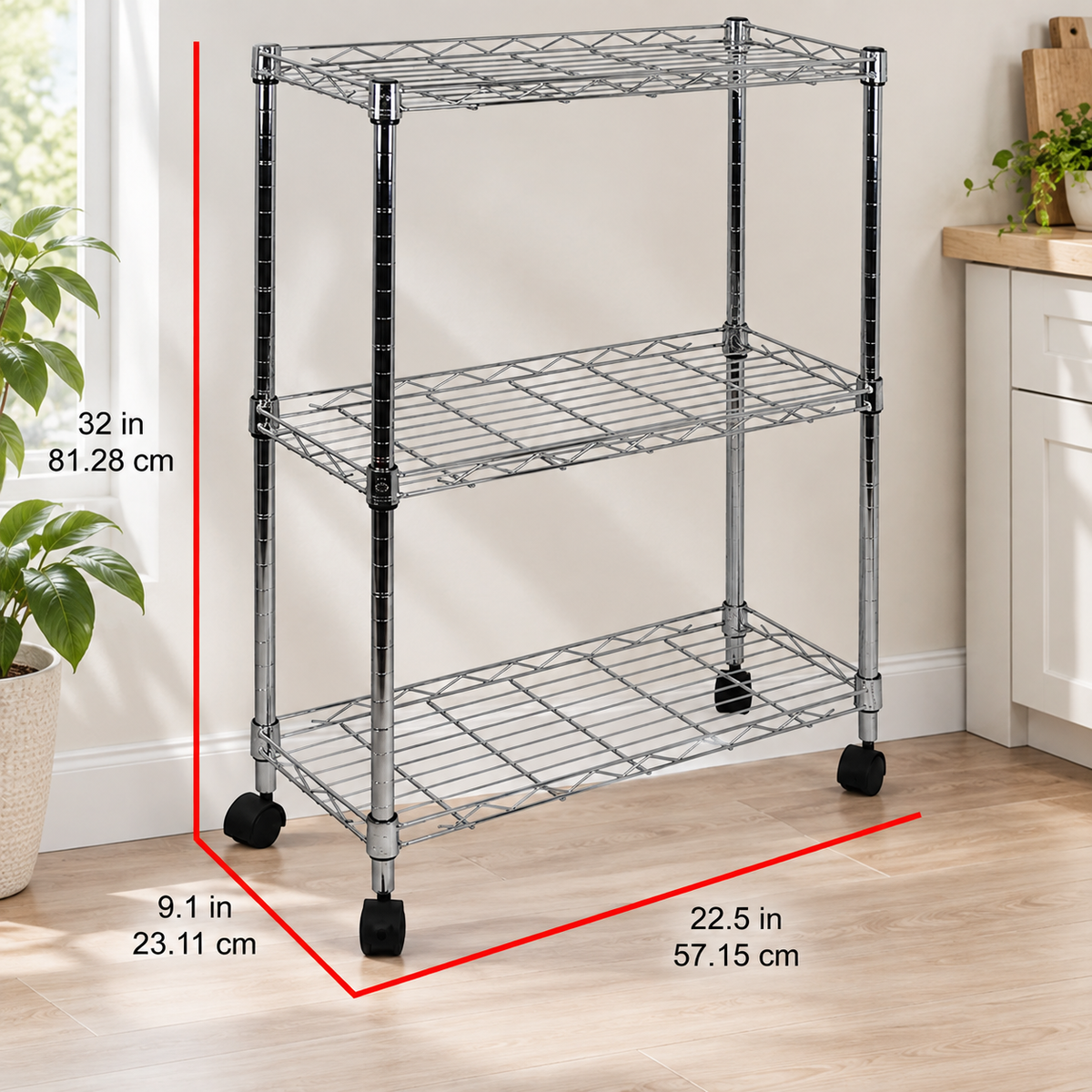 Chrome 3-Tier Utility Rolling Cart