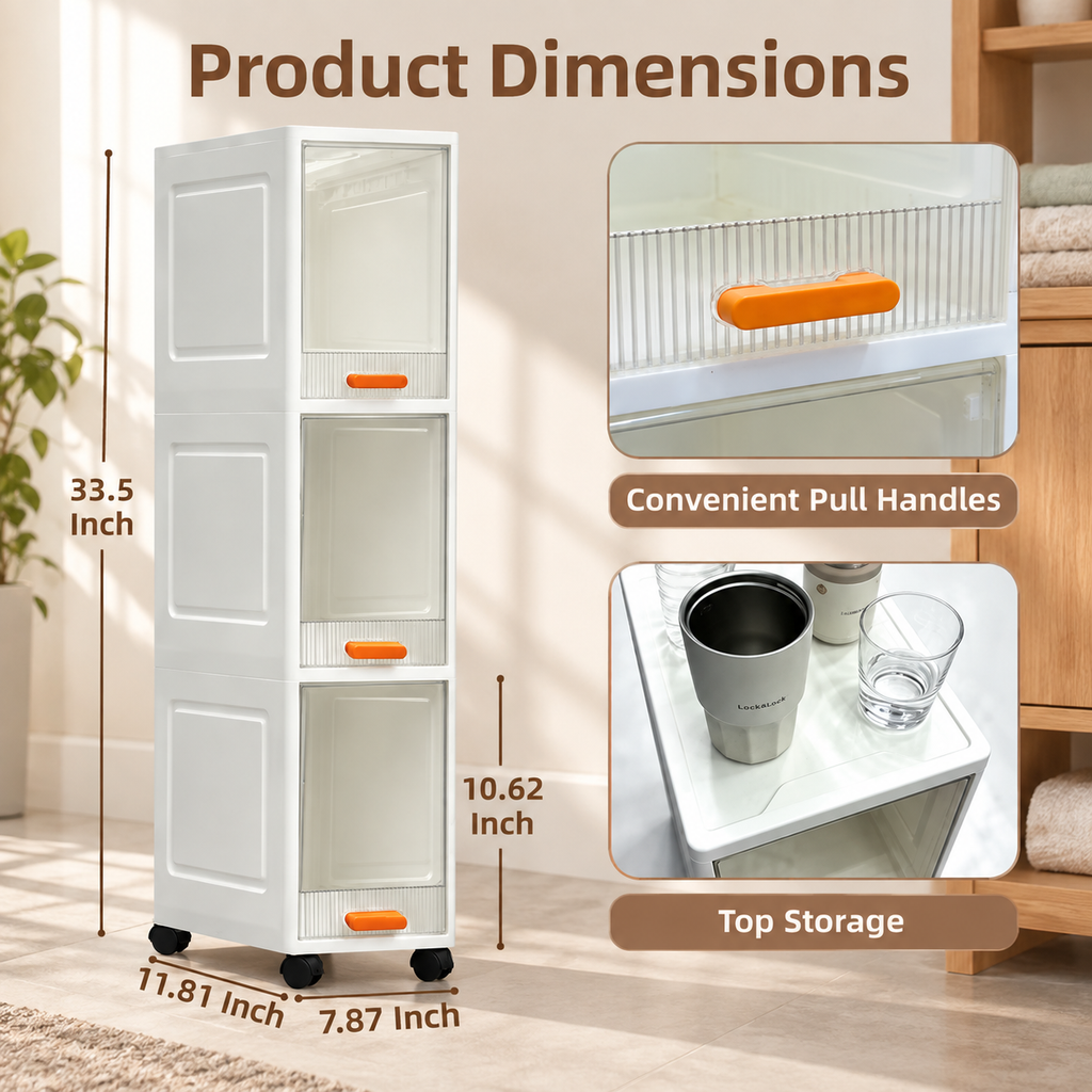 Slim 3-Tier Rolling Storage Cabinet
